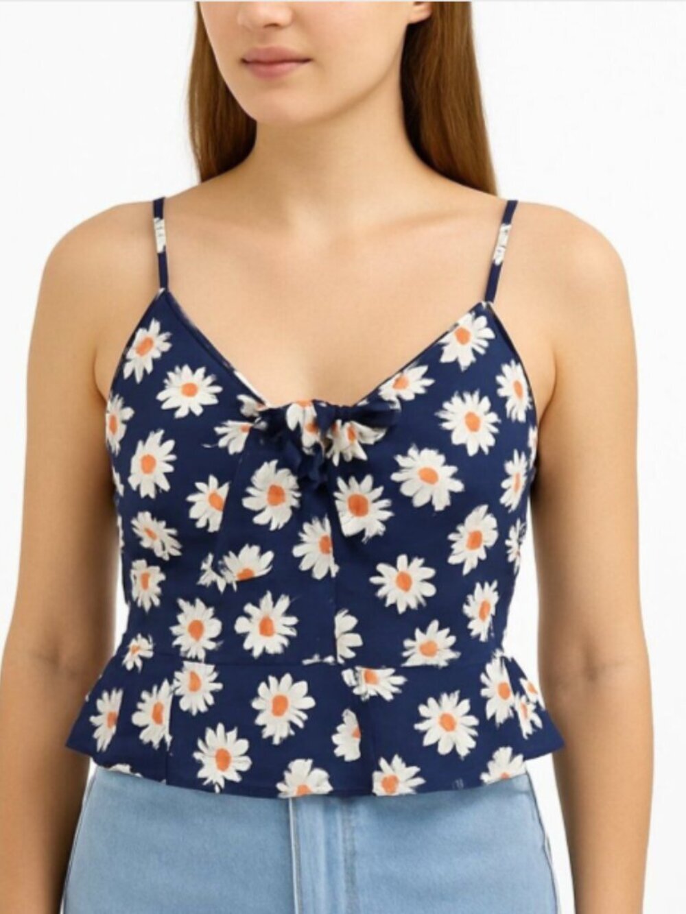 idem ditto Small Black Daisy Crop Top Smocked Peplum Adjustable Straps Bow Tie